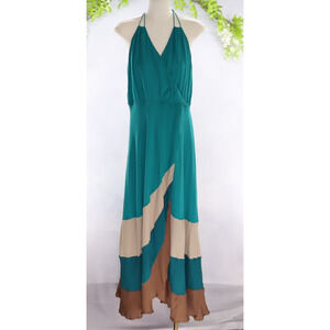 Haute Hippie Halter Sleeveless Spaghetti Straps Tiered Silk Maxi Dress Boho S